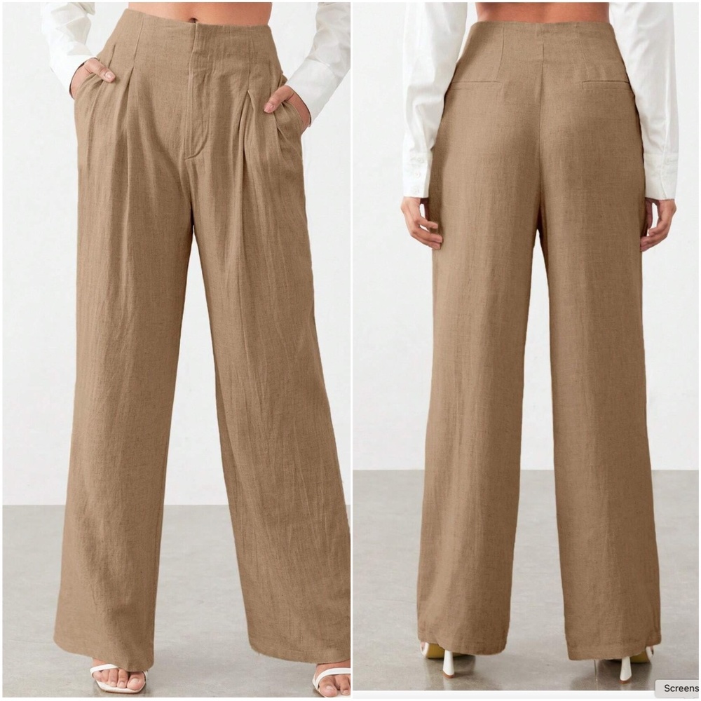 Classic Cream Linen Wide Leg Pockets Pants Trousers - Picture 9 of 10